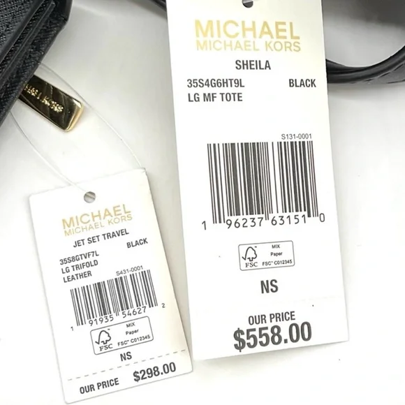 Michael Kors Bag Large Sheila Mf Tote Bag & Large Trifold Wallet Black/Gold - Picture 14 of 14